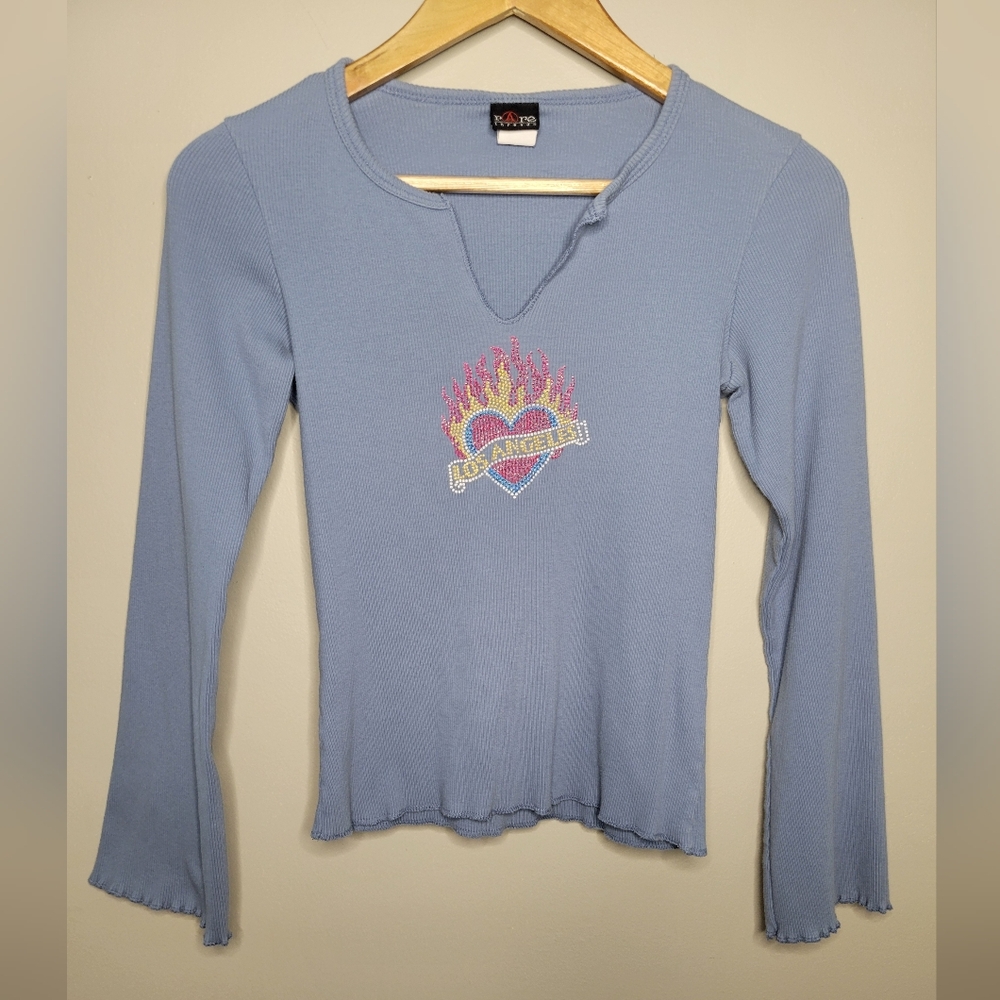 Y2K Blue Flame Heart Los Angeles Long Sleeve Cotton Shirt